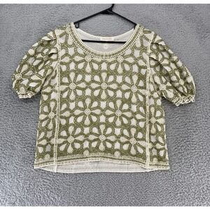 Solitaire Shirt Womens Medium Crochet Lace‎ Floral Puff Sleeve Boho Top Green